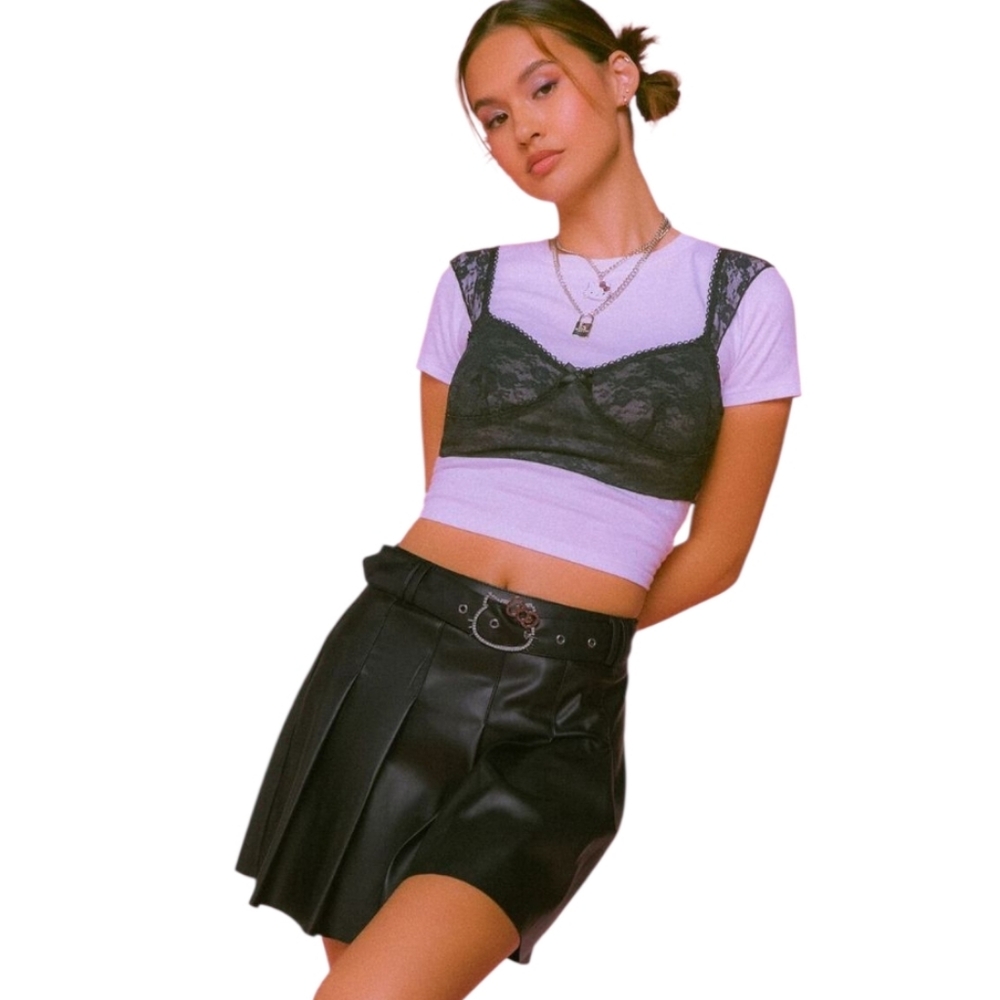 HELLO KITTY black‎ vegan leather pleated rhinestone belt goth mini skirt L